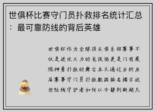 世俱杯比赛守门员扑救排名统计汇总：最可靠防线的背后英雄